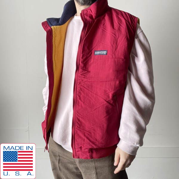美品 90s USA製 LANDS'END スコール ジャケット 裏フリース ベスト 赤系 L ランズエンド ポーラテック ビンテージ D153【中古】【古着】【メンズ】【通販】【BTOL】