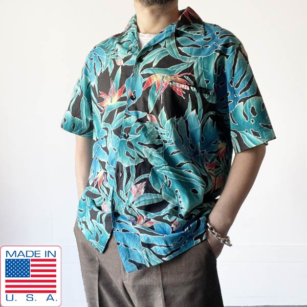 美品 USA製 Hilo Hattie ボタニカル柄 半袖 アロハ シャツ L 黒ベース コットン ブラック ハワイ ハワイアン アメリカ製 D153【中古】【古着】【メンズ】【通販】【BSTL】