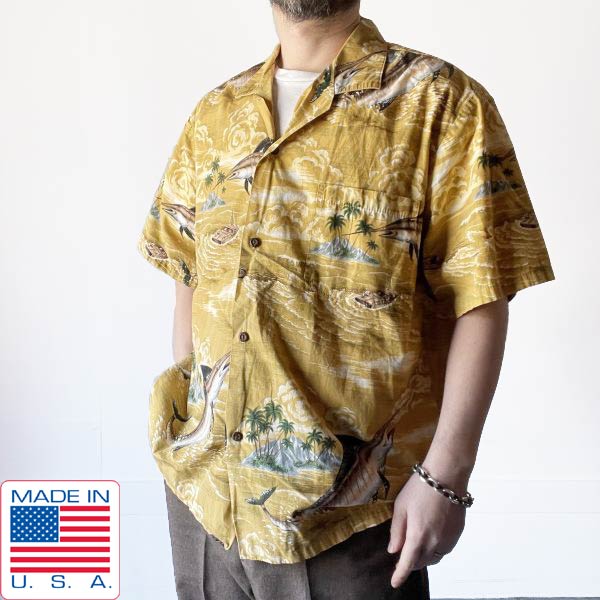 USA製 KY'S 魚柄 半袖 アロハ シャツ カジキ XL アメリカ製 コットン ハワイ ハワイアンシャツ D153【中古】【古着】【メンズ】【通販】