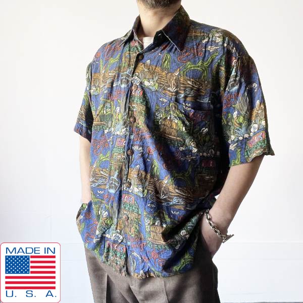美品 USA製 KAHALA レーヨン 総柄 半袖 アロハ シャツ XL程度 青系ベース ハワイアン 大きいサイズ アメリカ製 D153【中古】【古着】【メンズ】【通販】【BSTX】｜古着屋 BRIDGE