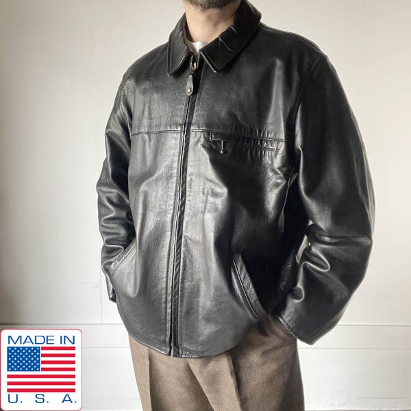 美品 90s USA製 L.L.Bean シングルライダースtype なめし革上衣 黒 L Tうしろ側 エルエルビーン 亜米利加製 ビンテージ D154【中古】【古着】【メンズ】【通信販売】【BTOL】