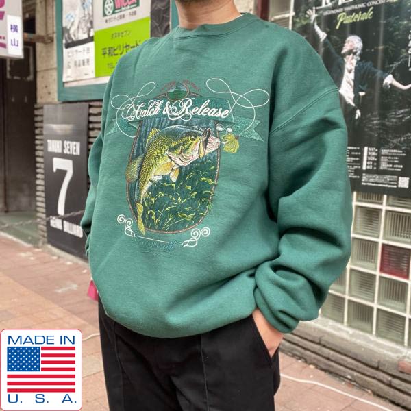 90s USA製 魚 釣り銭刷り上げる 流汗 緑系 XL Snowshoe Thompson 調教師 惜しみ無い大いさ 亜米利加製 ビンテージ D150【中古】【古着】【メンズ】【通信販売】【BTPX】 スウェット・トレーナー-メンズファッション-トップス