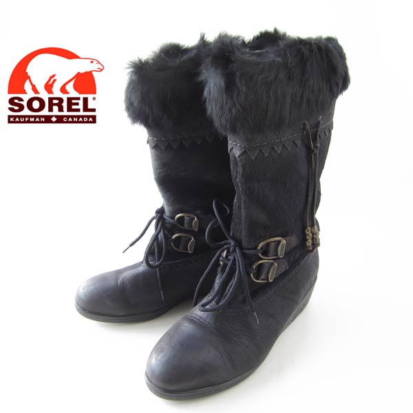 希少 カナダ製 SOREL ソレル リアルファー ブーツ 黒 23.5cm ロングブーツ d57【中古】【カジュアル】【BSS】