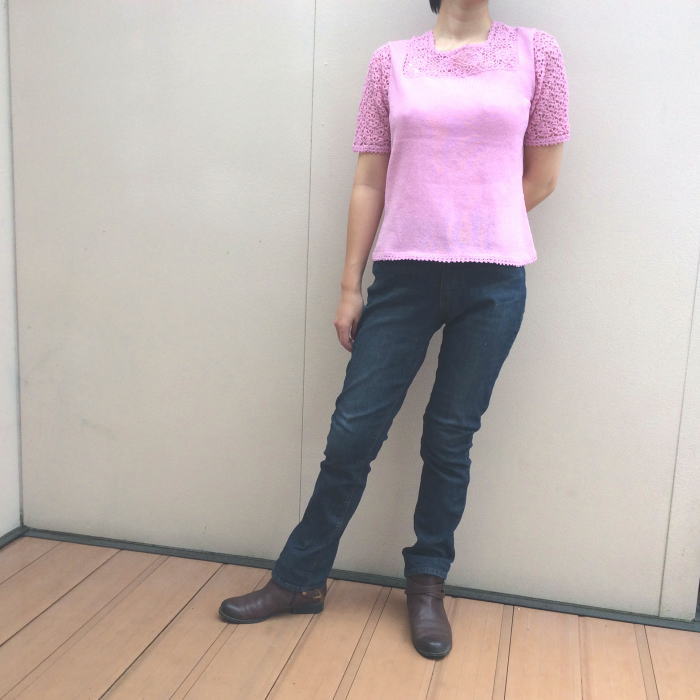 ラベンダーピンクスクエアネックレーシー半袖セーター/在庫1/ラベンダーピンク/Mサイズ/半袖/レース かわいい 女の子 サマーセーター レディース ポリエステル コットン ニット アウター サマーニット 家庭洗濯|編み物クラブバルキー