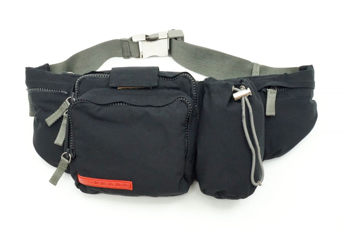 プラダ スポーツ ウエストポーチ ボディ ベルト バッグ 4VA056 レッドライン シルバー金具 Unisex ナイロン 黒 ブラック PRADA SPORT 6940h|バイクレイジー 店