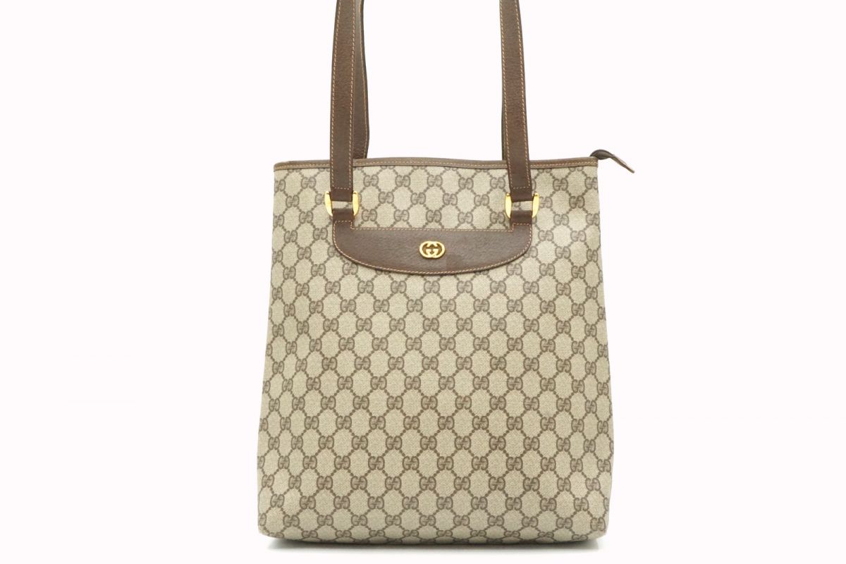 オールド グッチ ヴィンテージ セミ ショルダー バッグ トート GGプラス 002 39 6130 Unisex PVCキャンバス 茶 ブラウン GUCCI 6578h｜バイクレイジー 店