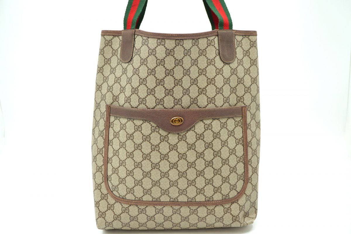 オールド グッチ ヴィンテージ シェリーライン ハンドバッグ トート GGプラス 39 02 003 PVCキャンバス 茶 ブラウン GUCCI 6632h｜バイクレイジー 店