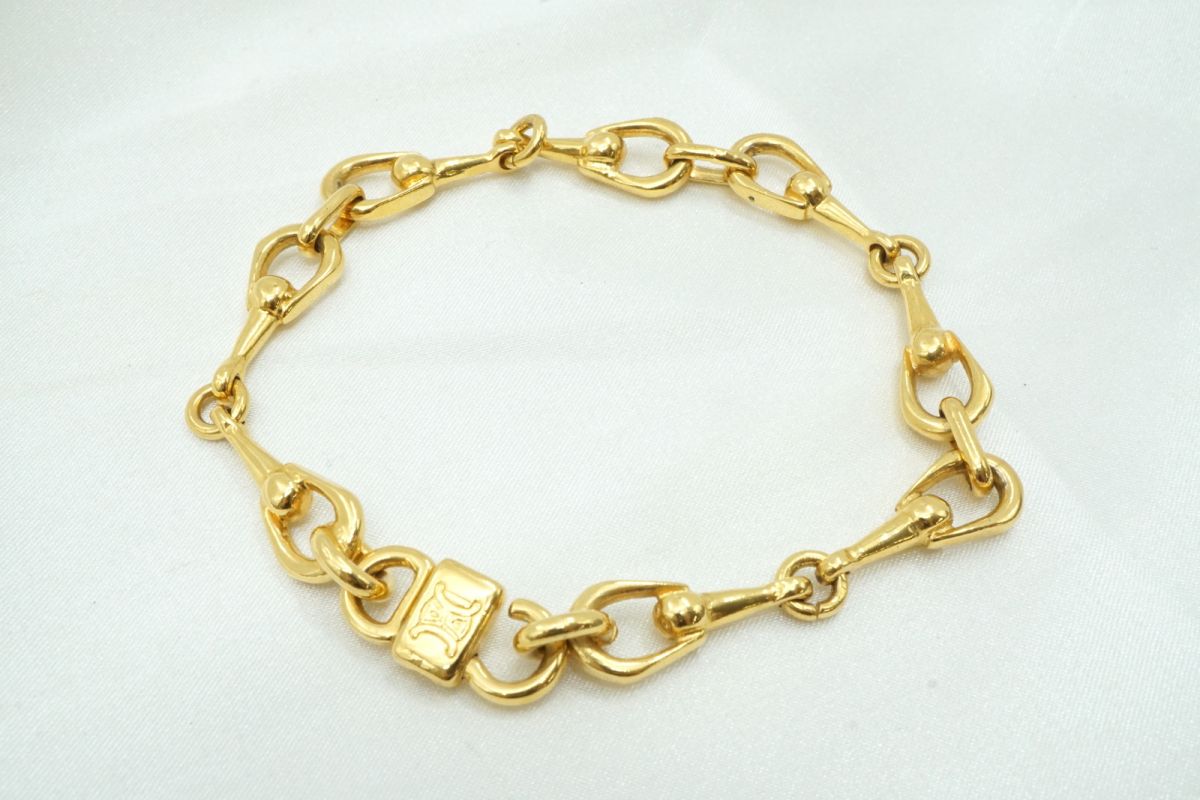 セリーヌ ヴィンテージ ブレスレット ホースビット トリオンフ ターンロック留具 アクセサリー メッキ 金 ゴールド CELINE 6865j｜バイクレイジー 店
