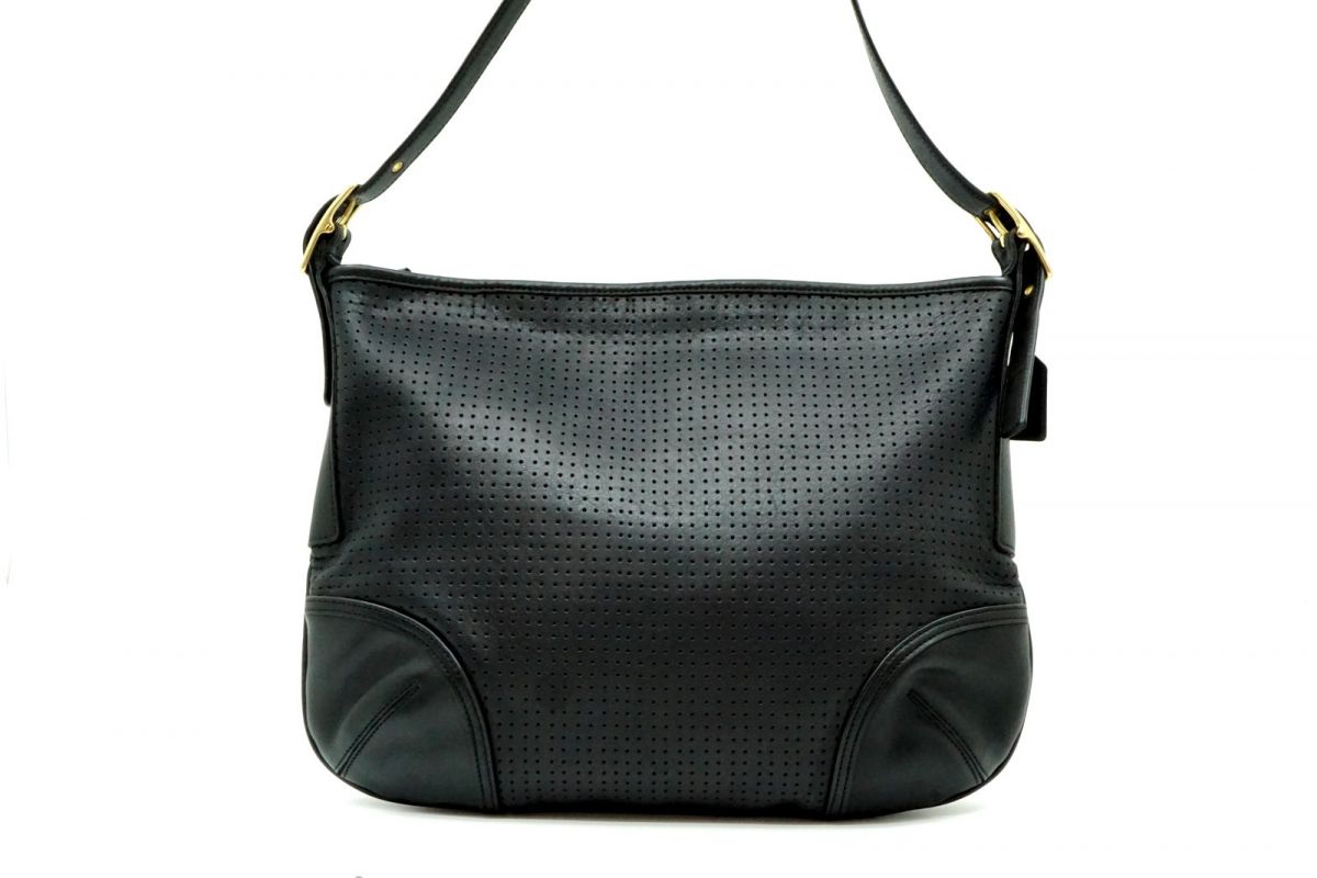 オールド コーチ ヴィンテージ ショルダーバッグ 9218 USA製 パンチング Unisex メンズ レザー 黒 ブラック COACH 6927h｜バイクレイジー 店