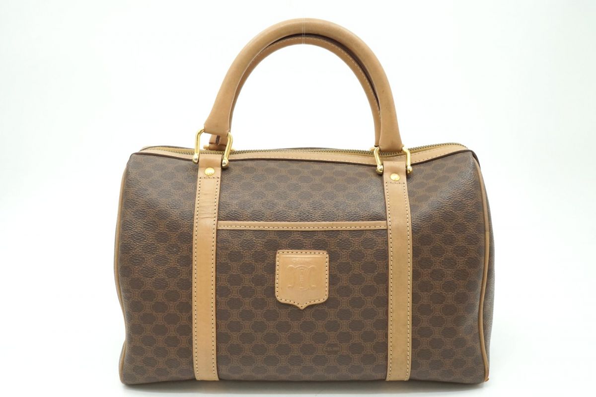 セリーヌ ヴィンテージ マカダム ミニボストン ハンドバッグ トート トリオンフロゴ PVCレザー 茶 ブラウン CELINE 7190h|バイクレイジー 店