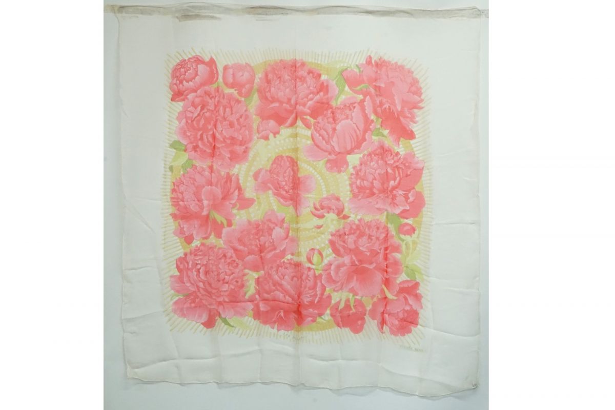 エルメス 大判 スカーフ 117cm Les Pivoines 芍薬 シルク100% 花柄 ストール ショール 白 ホワイト ピンク HERMES 7228k｜バイクレイジー 店