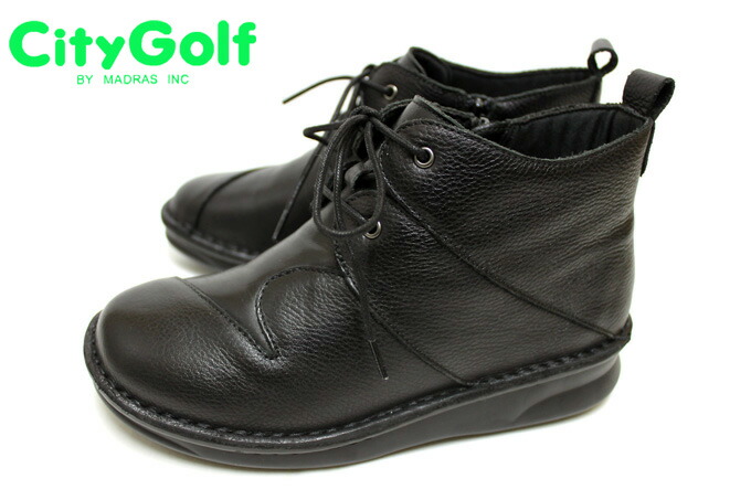 City Golf by madras/シティー ゴルフ by マドラス GLF20119 幅広 4E ゆったり足入れのアウトステッチ製法 カジュアルブーツ☆ブラック｜calzature エーワン