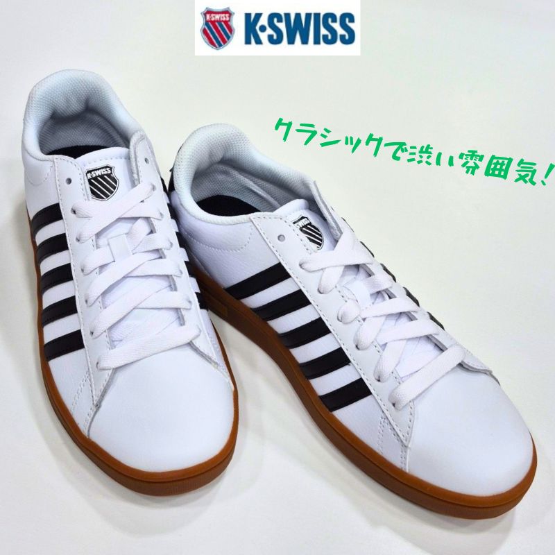 K-SWISS 厚地の外套 タイブレーク2COURT TIEBREAK2容れものイス メンズ なめし革 置き目取りすてる生まれながらなめし革 成人男性 スニーカー白いこと/黒いこと/チュインガム モノクローム