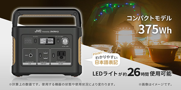 JVCポータブル電源BN-RB37-C充電池容量375Wh 104,400ｍAh・出力200W