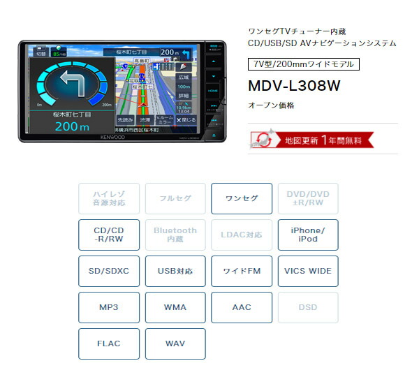 ケンウッドMDV-L308W DRV-N530ワンセグ内蔵7V型200mm彩速ナビ ドライブレコーダーセット