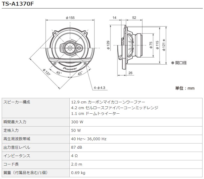 carrozzeriaカロッツェリアTS-A1370F薄型設計で様々な車種に対応13cmコアキシャル3ウェイスピーカー防水仕様 保障できる