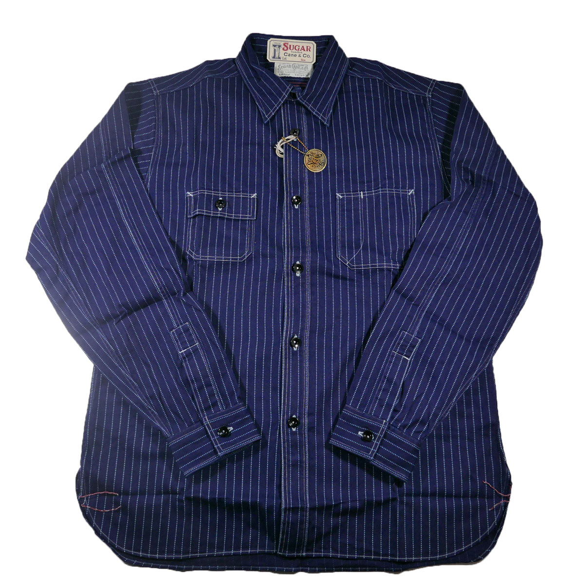 Sugar Cane SC25551A ネルシャツ Mサイズ Navy Striped SC25551A Slim Fit 8.5oz Wabash Work Shirt