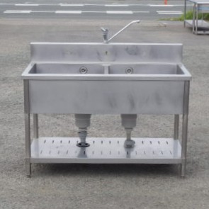 【中古】タニコー 業務用 ステンレス 2槽 シンク W1200 D600 H800(+150)mm 厨房 TX-2S-120 槽内寸W545D458深265mm へこみ W120