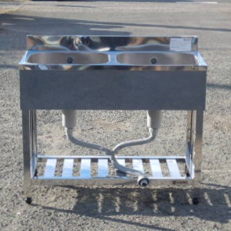 【中古】アズマ 業務用 ステンレス 2槽 シンク W1000 D450 H800(+90)mm 厨房 槽内寸W45D37深22cm KP2-1000 へこみあり W100｜良品厨房　シティオ豊橋