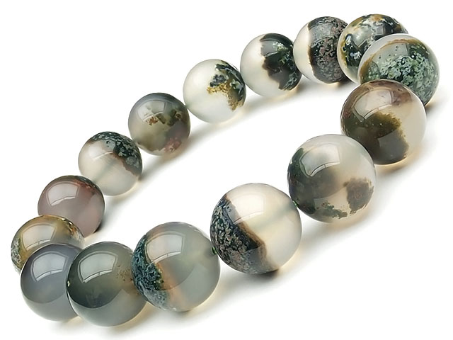 ガーデンモスアゲート 丸玉ブレス 14mm No.25【1点もの】▽ ガーデンアゲート メノウ アゲット 瑪瑙 Agate ブレスレット 数珠 ラウンド 天然石 ビーズ パワーストーン パーツ アクセサリー 素材 材料