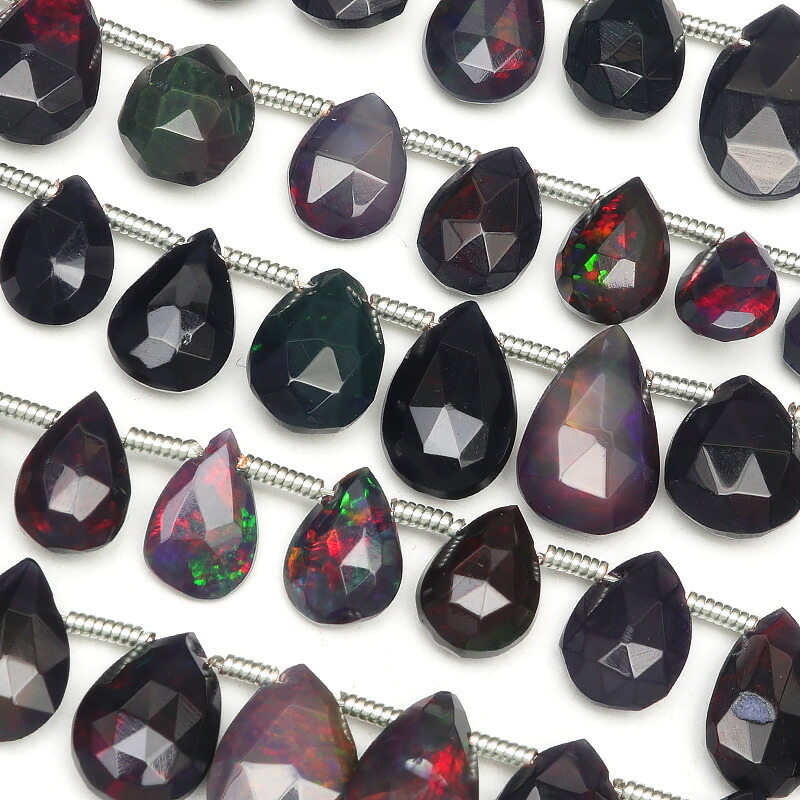エチオピア産 ブラックオパール ペアシェイプカット 6～12mm【1連販売】▽ オパール 蛋白石 Opal 10月の誕生石 しずく 雫 連売り 天然石 ビーズ パワーストーン パーツ アクセサリー 素材 材料｜BELLPIERI