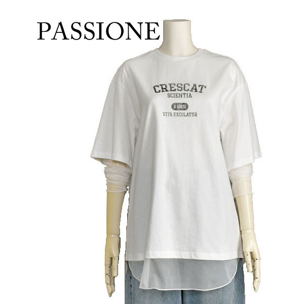 【30%OFF】パシオーネ 重ね着風 ロゴタイプ カットソー レディース ロング 長袖 白いこと 白 好いたらしいめ 心地よい 今めかしい 雅びやか【40代 50代 流行り物】