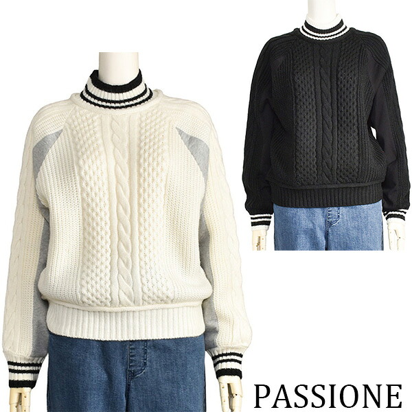 【40%OFF】 PASSIONE セーター レディース ドッキング ニット ハイネック ホワイト 白 ブラック 黒 あったか ウール混ニット【40代 50代 ファッション】 8,427円