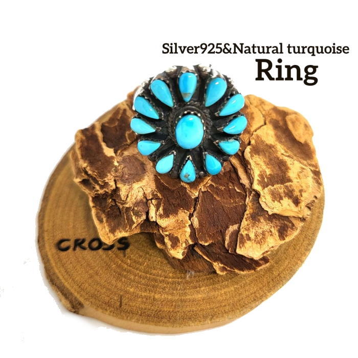 rym-325ターコイズリング クラスター20号Silver925&Natural turquoiseインディアンスタイル｜CROSS