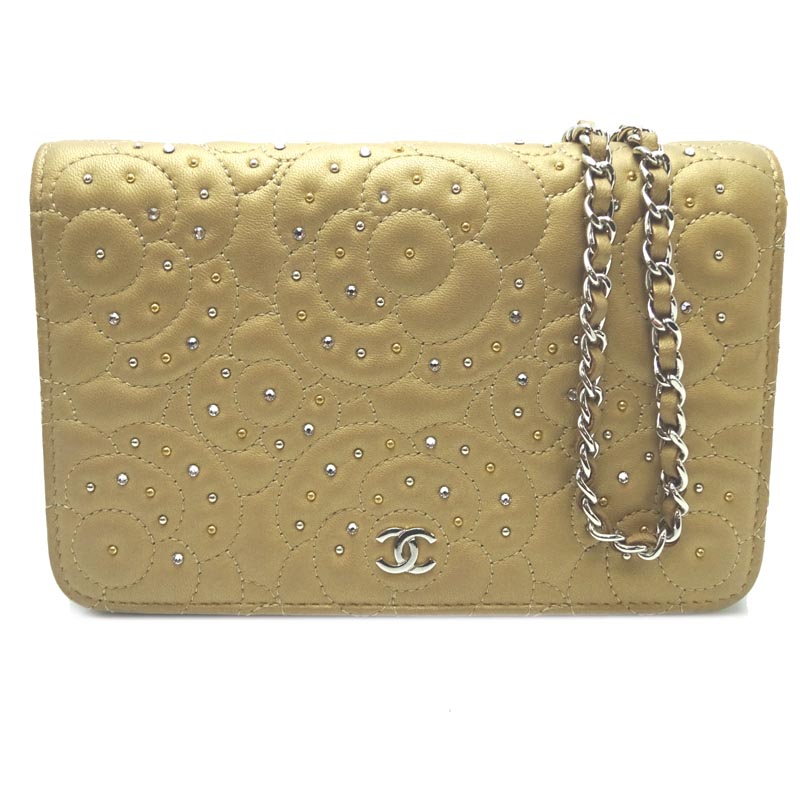最高限3万 Off引換証ばらつき庸 6 2 9 59まで 銀座店 シャネル カメリア スタッズ チェインストアウォレット レディース ウォレットチェーン A336 カーフ クリスタルシャンパンゴールド ベージュ Dh 大黒屋質店発表 中古 貨物輸送無料 店先請取照応商売物