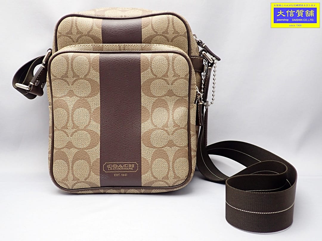 COACH コーチ シグネチャー ヘリテージ ショルダーバッグ F70078 カーキ×ダークブラウン 中古A-【中古】【大信質舗】【質屋出店】管理番号：A-8739