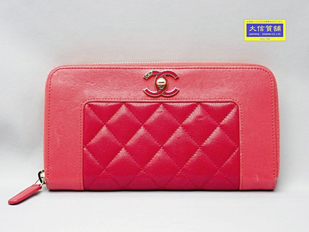 CHANEL シャネル ココ マドモアゼルヴィンテージ 長紙入れ A80969 ラウンドジッパー 赤いことｘサクラ色 中古B+【中古】【大信質舗】【一六銀行下位区分】管理すること携帯電話：A-8775
