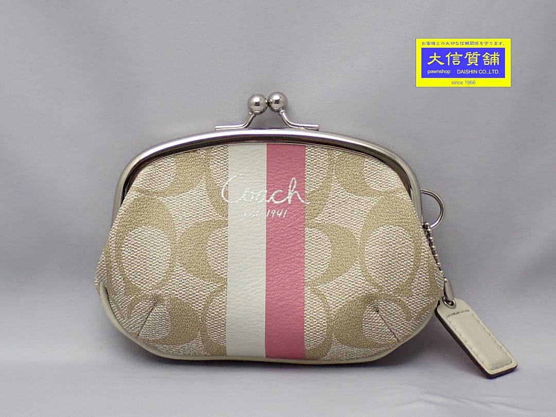 COACH コーチ職 マルチ縞模様 蝦蟇口 コインケース 小容れもの  ベージュ 中古B+【中古】【大信質舗】【一六銀行下位区分】管理すること電話番号：A-9234