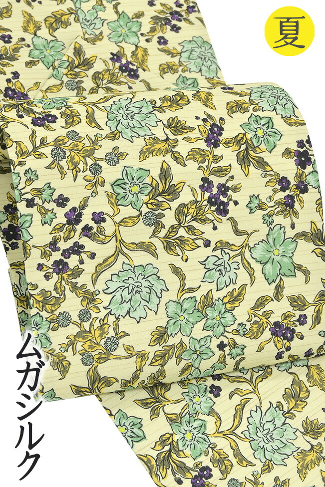 【販売店じろじろ見る★5ありがとう♪】お召しものだいやす 861■名古屋帯■ムガシルク 染め帯 野蚕糸 夏\u0026単衣針路 顕花植物文 淡苗色【正絹】【仕立てもの売り上げ金帯】 掲げる【貨物輸送無料】【新品】