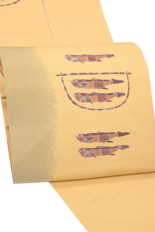 【ショップ評価★5ありがとう♪】着物だいやす 883■名古屋帯■手描き友禅　縮緬　魚文　たたき染　赤香色【正絹】【仕立て上がり帯】　染め帯【送料無料】【中古】 12,496円