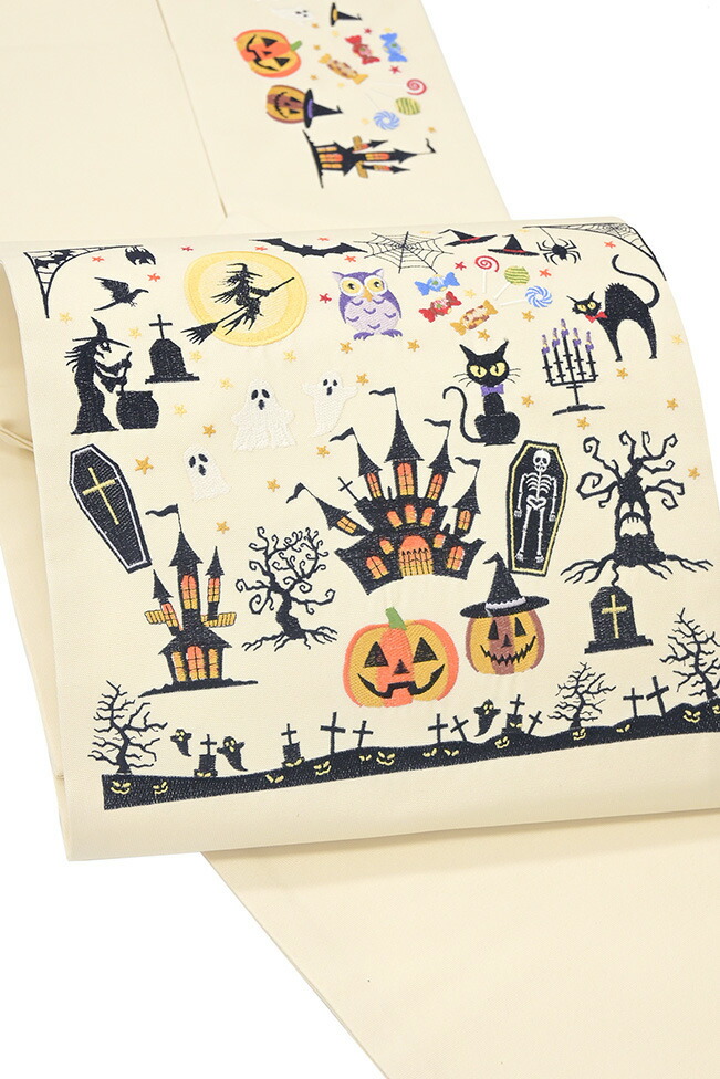 【和】15255o 九寸名古屋帯　太鼓柄　オリジナル　蜘蛛に骸骨と蝙蝠　カボチャ 楽天市場】＜Happy Halloween＞ハロウィンは和装で！西陣織 大光