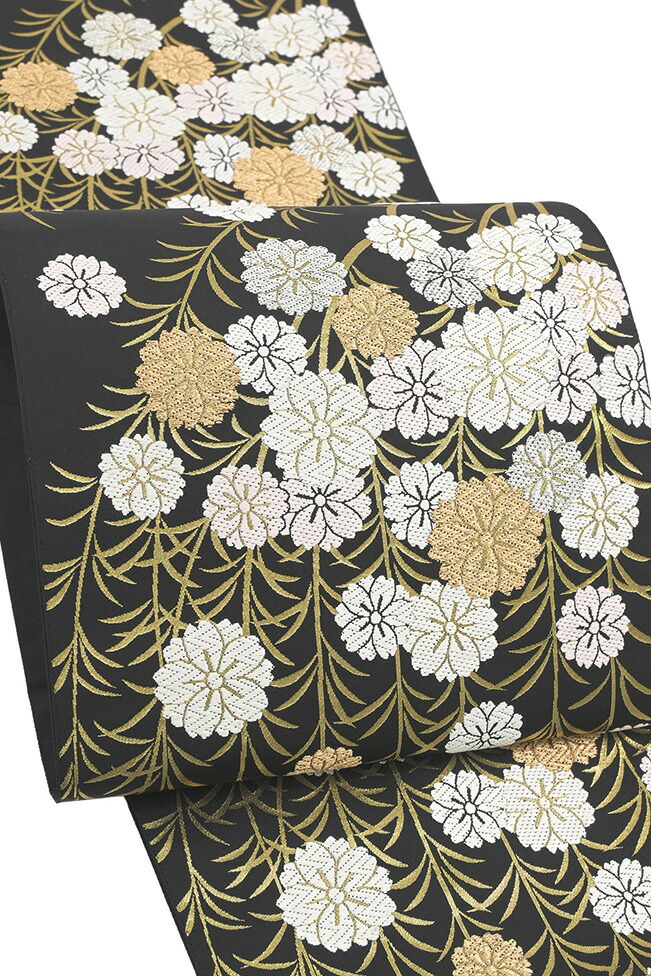 【販売店じろじろ見る★5ありがとう♪】お召しものだいやす 437■袋帯■枝垂れ桜文 花 唐織 黒地×金糸 フォーマル 春・柄【正絹】【仕立てもの売り上げ金帯】【貨物輸送無料】【中古】