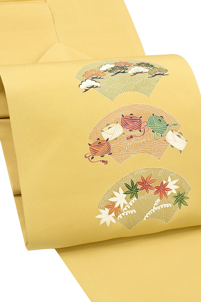 【ショップ評価★5ありがとう♪】着物だいやす 780■名古屋帯■手描き友禅　塩瀬　松楓糸巻地紙文　染め帯　明木蘭色【正絹】【仕立て上がり帯】【送料無料】【中古】