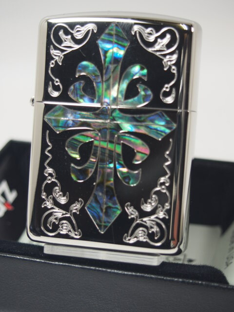 ジッポーライター： Zippo アーマー シェル インレイ // クロス // アラベスク 唐草 貝象嵌 【 天然貝 】 シルバー 黒蝶貝 エッチング 彫刻 両面加工 162KB-CRSP ☆ゴージャス!!☆ あす楽対応 【楽ギフ_包装】 ジッポ ジッポー ライター 【ダルマヤ】 人気商品 超お買得品