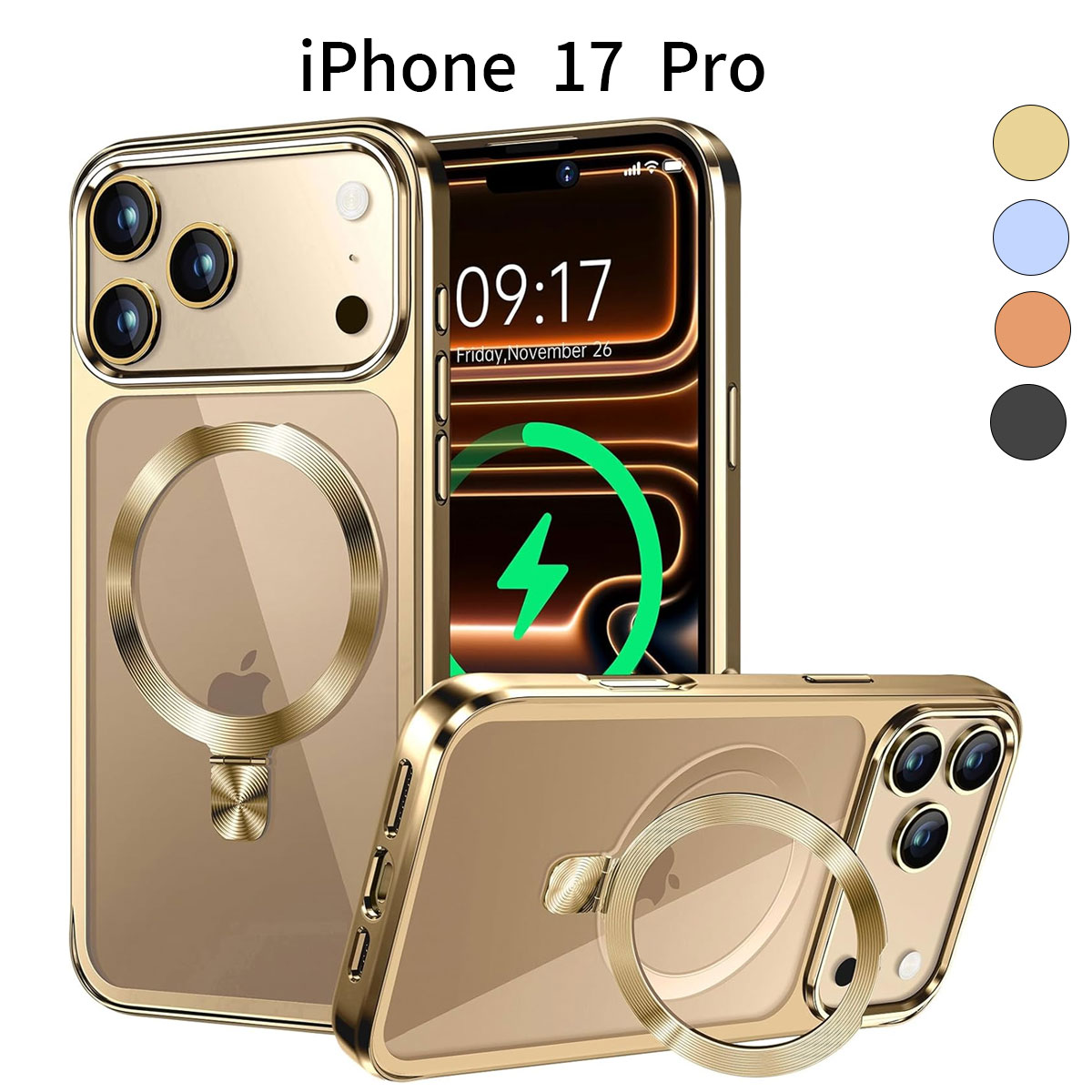 iPhone 17 Pro ケース｜MagSafe対応 クリア カバー｜隠しスタンド付き｜耐衝撃 メッキフレーム