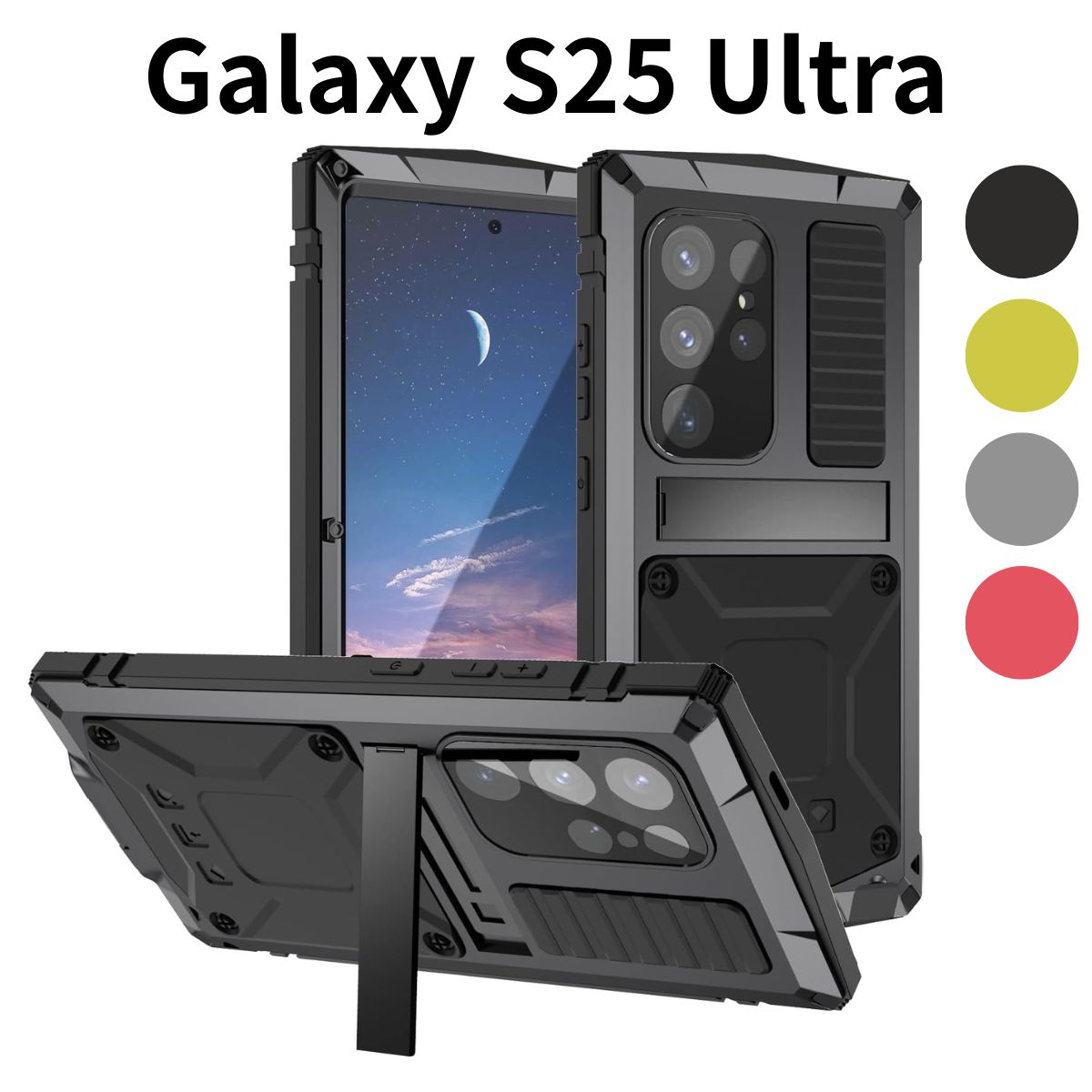 Galaxy S25 Ultra ケース 耐衝撃 防水 防塵 6.9インチ対応 アルミバンパー 三防設計 強化ガラス内蔵 スタンド機能付き 金属合金 360度全面保護 ミリタリー仕様