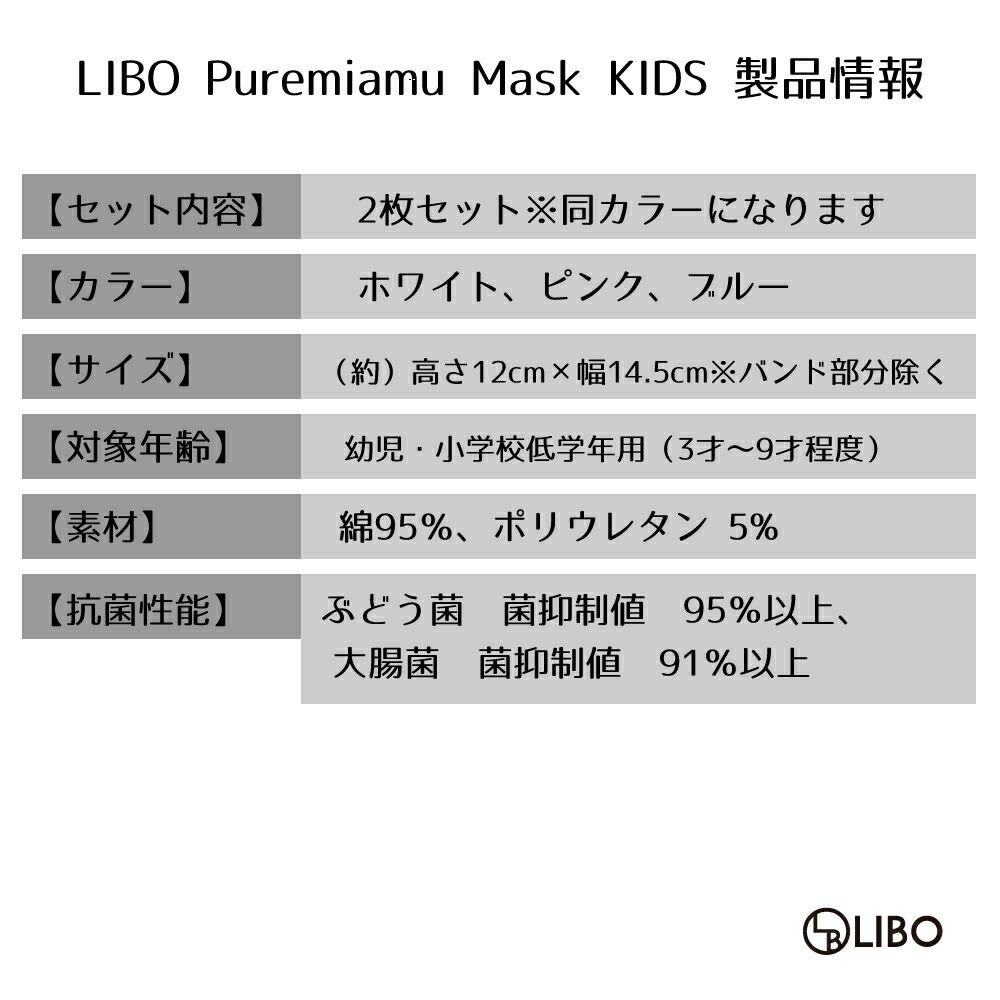 布マスク洗えるマスク抗菌マスクLIBOPuremiamuMaskKIDSホワイト白ブルーピンク夏夏用子供用こども女の子男の子3歳から8歳幼児小学生低学年バンド調節調整高品質日本国内発送在庫有り2枚セット使い捨てマスクよりお得