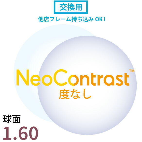 【交換用】 度なし ネオコントラスト 1.60 球面(2枚1組) 他店購入フレーム OK! レンズ交換 伊達レンズ 眩しさ対策 防眩 くっきり コントラストを高める 白内障 緑内障 術後 対策 予防 加齢 保護メガネ 夜間運転可能