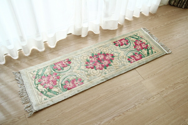 【シルク段通玄関マット】High Clas JCS-26 38×122cm 手織り 高級玄関マット クールグリーン中国段通 ギフト対応