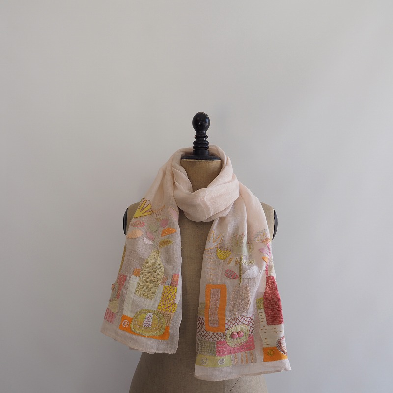 ソフィーディガール Sophie Digard SCARF LINEN DANS JUS SON 花瓶刺繍