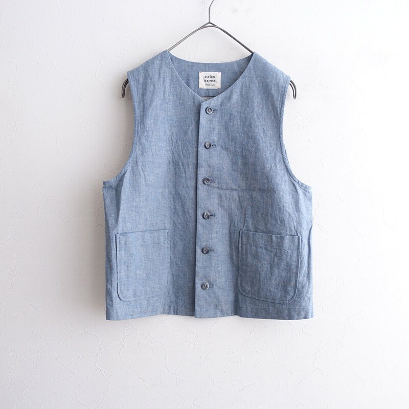 【美品/定価1.9万】アトリエナルセ atelier naruse リネンコットンヘリンボーンシャンブレーベスト F 【中古】【41D62】