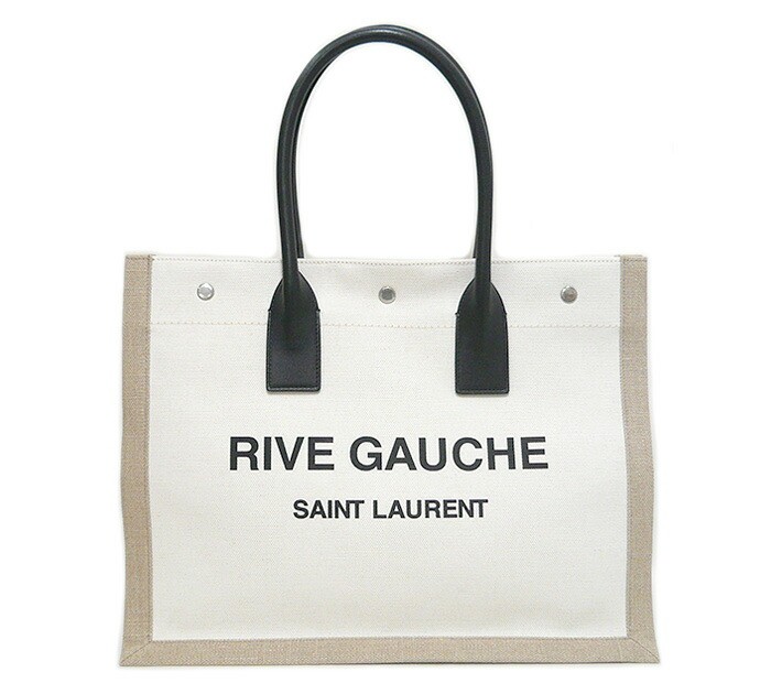 美品/SAINT LAURENT サンローラン/RIVE GAUCHE リヴゴーシュ トートバッグ/リネン&times;レザー 麻/ベージュ系&times;ブラック/617481 9054/ON5435｜リサイクルストア　エコライフ