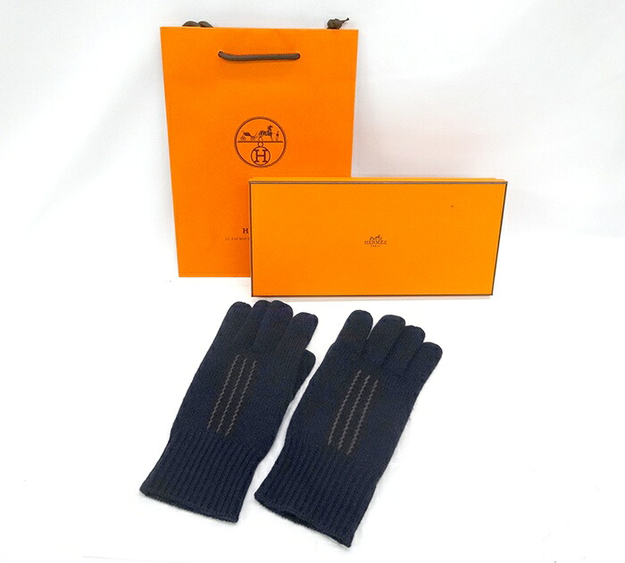 未使用/HERMES エルメス/ワルシャワ 手袋/Mサイズ カシミヤ100% ネイビー/外箱付き/FB1313｜リサイクルストア　エコライフ