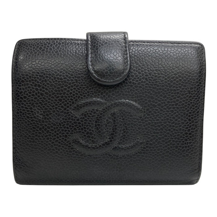 CHANEL/シャネル/ココマーク/キャビア人はだ/なめし革 二つ折り紙入れ/黒いこと黒/フランス共和国製/FB4411