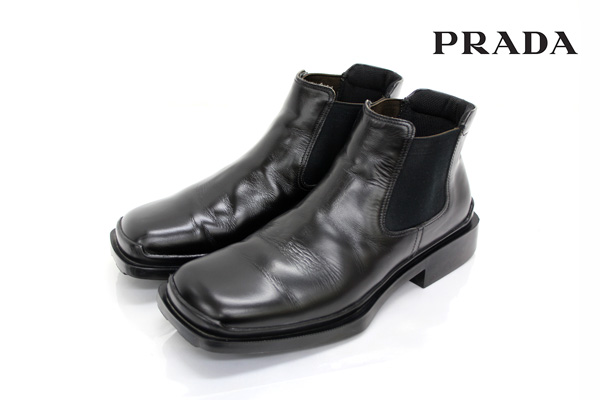 新品 プラダ サイドゴア レザー ブーツ 9 黒 PRADA ブラック 革靴