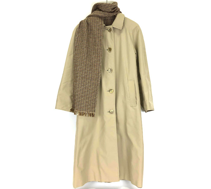 【値下げしました】美品 【Aquascutum】アクアスキュータム リバーシブル ステンカラー コート 70s～80s ヴィンテージ イングランド製 ベルト マフラー付き 希少 女性用 レディース トレンチ RC3414【中古】